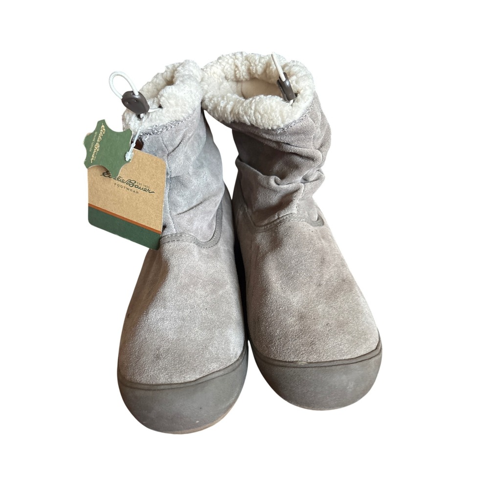 Eddie Bauer Hedy Pine Boots Womens 10 Grey NEW Suede Faux Fur Slouch Ankle